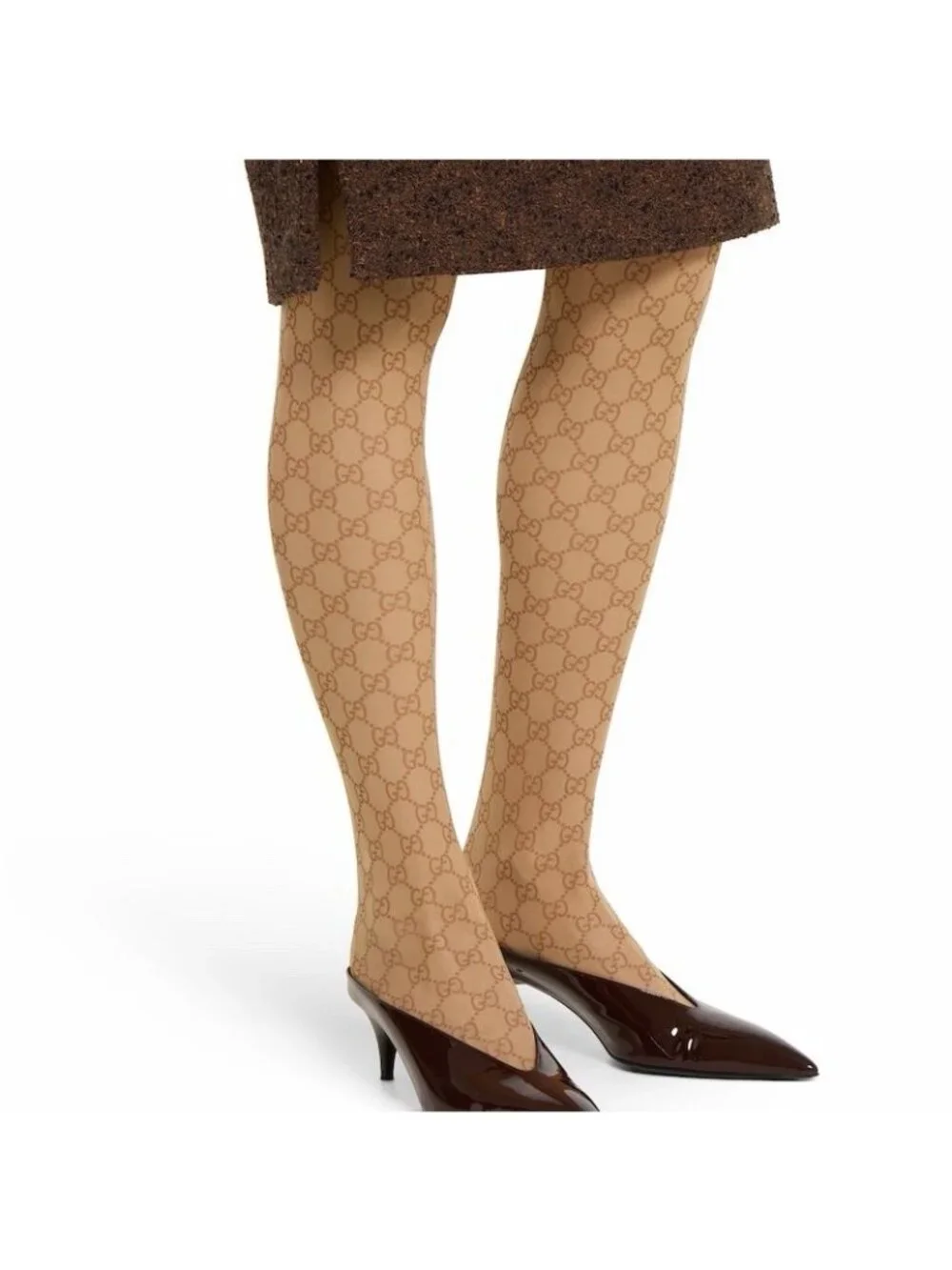 NWT GUCCI Printed Stretch Nylon Tights Sz L GG Brown 100% Authentic